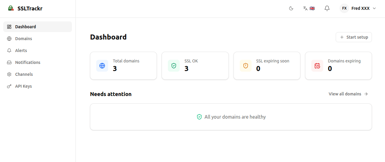 SSLTrackr dashboard showing SSL certificate monitoring overview with status cards and domain list
